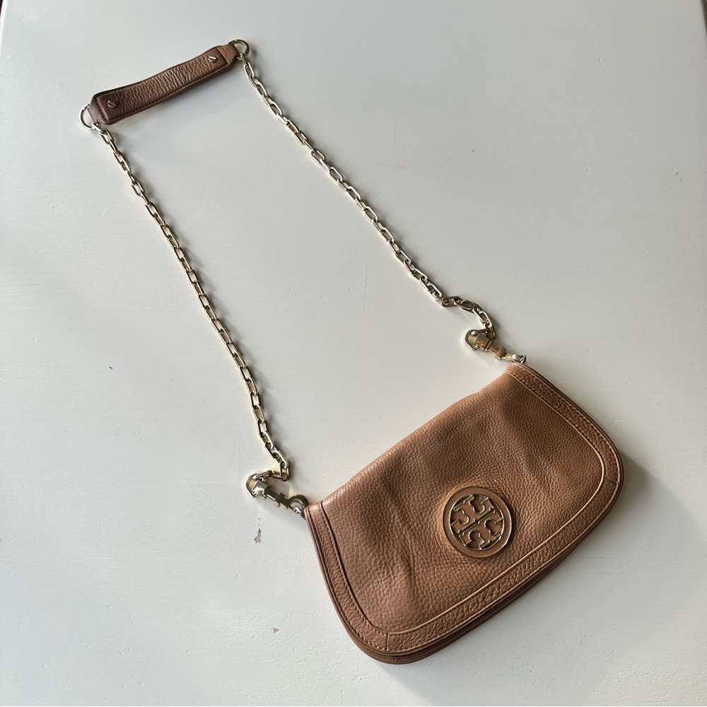 Tory Burch Tan Pebble Leather Amanda Chain Crossbody Flap Shoulder Bag OS